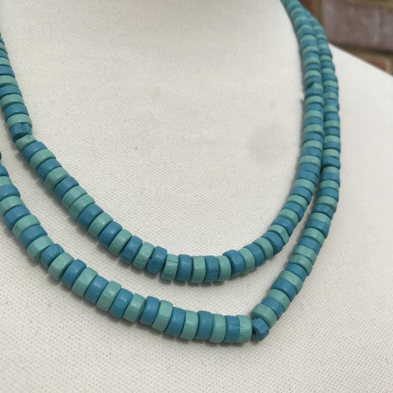 Long Teal Blue Turquoise Wooden Bead Necklace Blu… - image 2