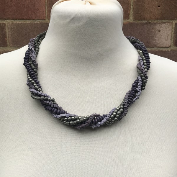 Vintage 1990s Grey & Purple Bead Necklace ~ Twisted Tropical Beach Necklace ~ Wood, Stone and Metal Necklace ~ Mauve Lilac twisted rope