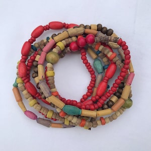 Set of Beige & Muticoloured Wooden Bead Stacking Bracelets Wood Stretch Beaded Bracelet Set of 8 Bracelets layering bracelet set + Gift Bag