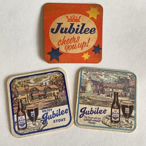 Vintage 1960s Jubilee Stout Beer Mats Beermats conjunto de 3 porta-copos publicidade Hope & Anchor Brewery Sheffield ilustrado Pub Memorabilia