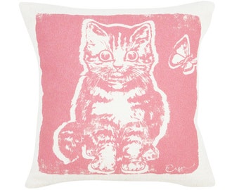 Decorative Pillow, Cushion, Pink Kitten, 10x10, Silk Screened Cotton Bark Cloth