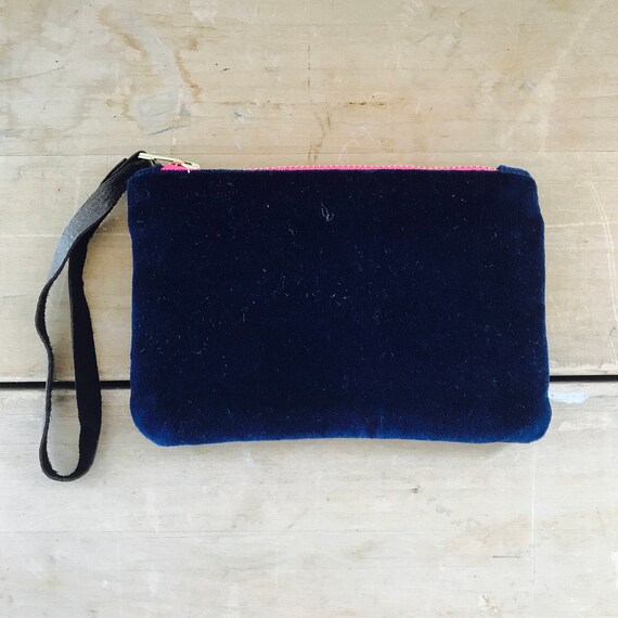 Velvet Wristlet Lined with hand printed linen navy print