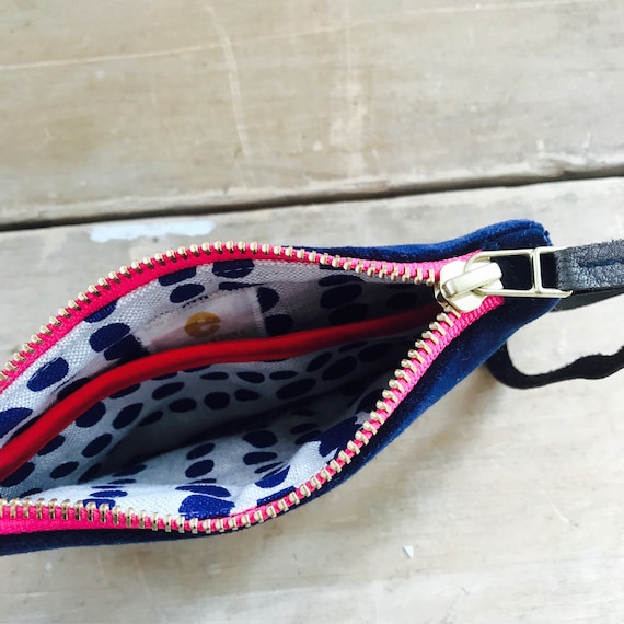 Velvet Wristlet Lined with hand printed linen navy print