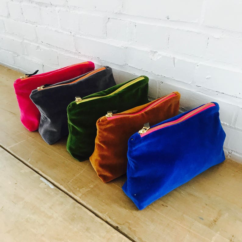 Velvet Makeup Bag Lined with hand printed linen navy print Etsy