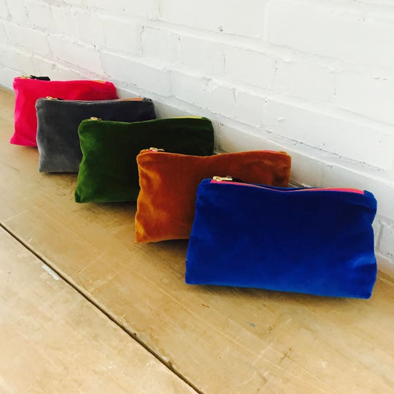 Velvet Wristlet Lined with hand printed linen navy print