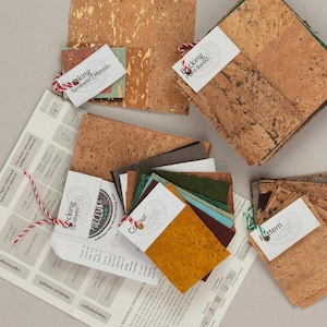 May include: A collection of cork samples for crafting projects. The samples are organized by color, pattern, and backing type. The backing types include synthetic, synthetic metallic, and plant-based. The samples are labeled with the words "Color", "Pattern", and "Backing".