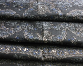 Folk Portuguese art fabric in grey shades inspired by the shawl of traditional Minho costume. Ethnic Paisley & floral print by meter / yard