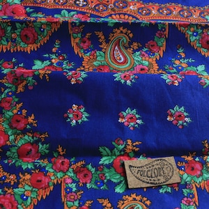 Blue Portuguese folk wear fabric used in Viana headscarfs inspired by Minho costumes. Colourful paisley & floral cotton fabric by the meter