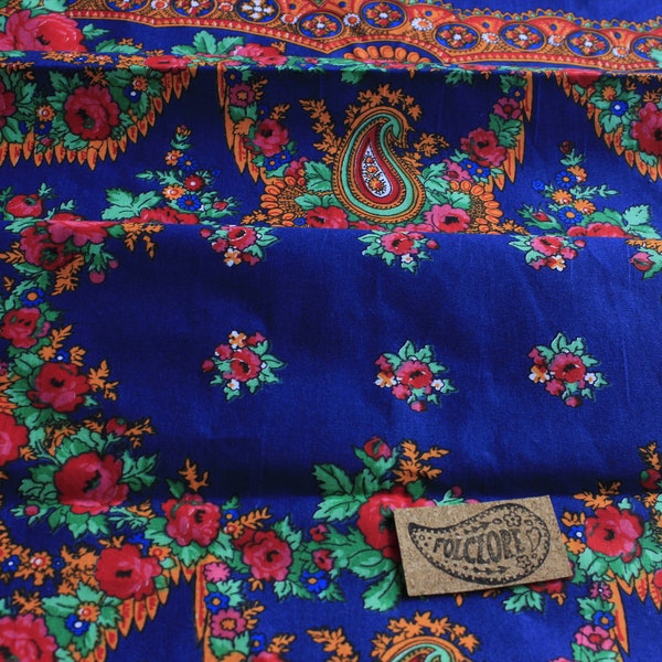 Blue Portuguese folk wear fabric used in Viana headscarfs inspired by Minho costumes. Colourful paisley & floral cotton fabric by the meter