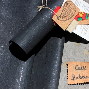 Black vegan cork leather made with organic denim backing. Exclusive cork fabric from a local Portuguese supplier for sustainable lifestyle