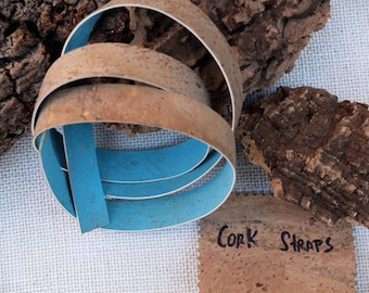 Reversible Cork Strap, natural and blue, 1 meter (39 3/8") 2cm wide (3/4"), Portuguese cork fabric, cork leather lace for handles, bracelets