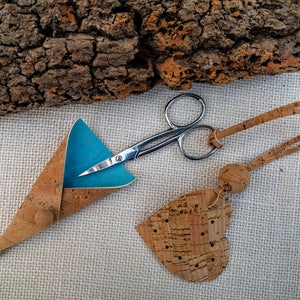 Cork leather embroidery scissors sheath /case & heart fob, vegan crafter gift for her, natural, blue, silver, Portuguese scissors image 4