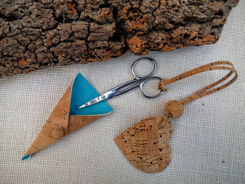 Cork leather embroidery scissors sheath /case & heart fob, vegan crafter gift for her, natural, blue, silver, Portuguese scissors image 4