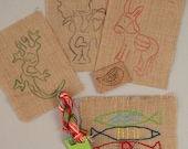 Burlap Embroidery kit w/ animals, DIY craft gifts for kids, learn how to embroider with 4 Portuguese animals, Portugal rooster & sardine