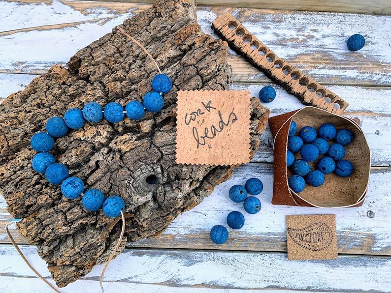 Cork balls for eco and sustainable jewelry, different sets of blue cork round beads with hole, natural earrings, keyrings, DIY crafts