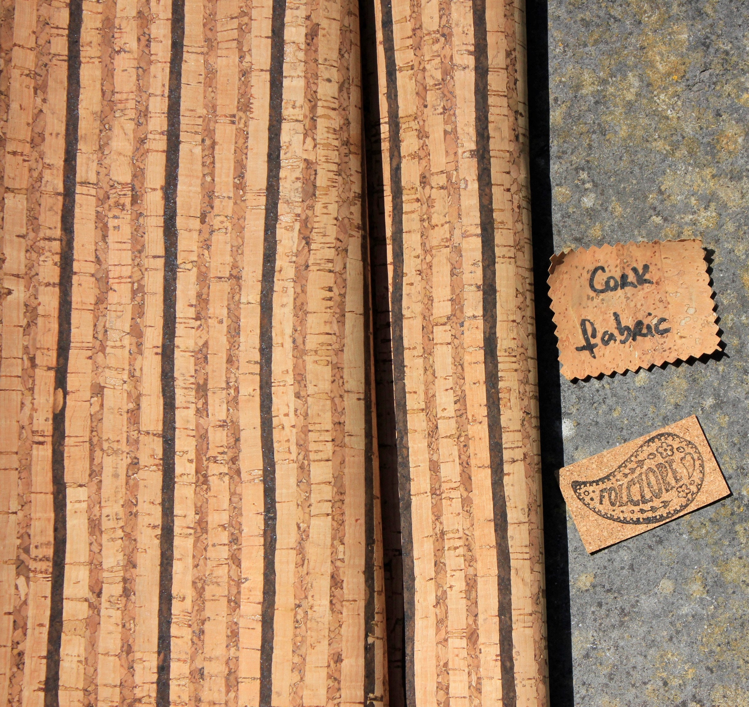 Natural tricolor stripes pattern cork fabric by the yard/meter. Portuguese PETA approved vegetal leather for cork bags, totes, upholstery