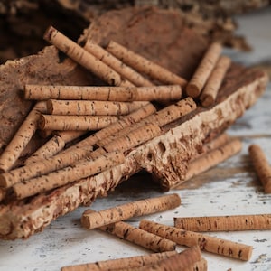 May include: A pile of natural cork rounds, some arranged in a loose pile on a piece of bark, and others scattered on a whitewashed wooden surface.