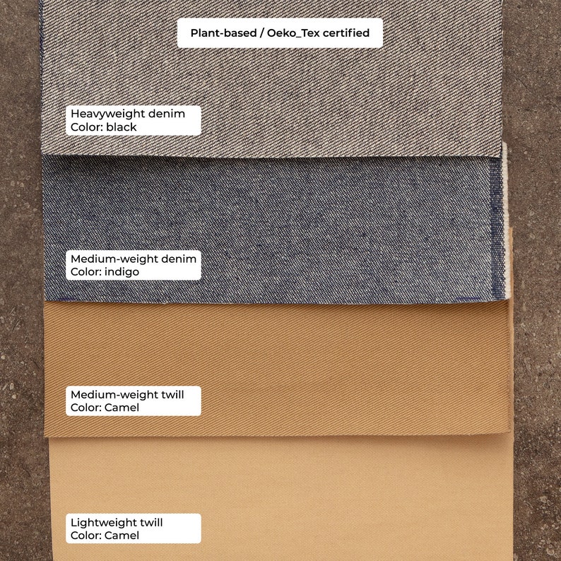 Peut inclure: Quatre &eacute;chantillons de tissu, de haut en bas&nbsp;: denim lourd en noir, denim moyen en indigo, serg&eacute; moyen en camel et serg&eacute; l&eacute;ger en camel. &Agrave; base de plantes / certifi&eacute; Oeko-Tex.