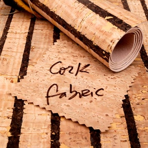 Eco-friendly leather alternative handmade from cork & a textile backing. Wide stripes cork fabric pattern by the meter. Vegan fashion