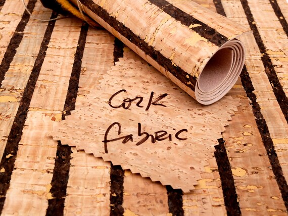 Eco-friendly leather alternative handmade from cork & a textile backing. Wide stripes cork fabric pattern by the meter. Vegan fashion