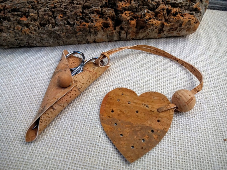 Cork leather embroidery scissors sheath /case & heart fob, vegan crafter gift for her, natural, blue, silver, Portuguese scissors image 2