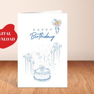 Cartão de aniversário para impressão, cartão de felicitações de aniversário, presente de feliz aniversário, download instantâneo, cartão dobrável 5x7, cartão de aniversário para mulheres