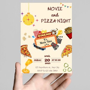 Invito per serata cinema, invito per festa della pizza, invito per serata cinema e pizza, divertente pigiama party, modello modificabile immediato, biglietto per bambini e adulti
