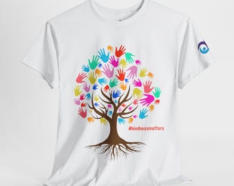 Kindness Matters Unisex Heavy Cotton Tee | Colorful Tree Design T-Shirt for Positive Vibes | Gift for Friends, Awareness Days, Eco-Friendly