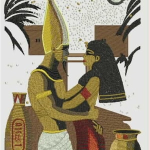 May include: An embroidered image depicting an ancient Egyptian scene. Two figures, one in a tall headdress, embrace. The background includes a full moon, palm fronds, and hieroglyphic jars. The color palette is dominated by gold, black, and brown.