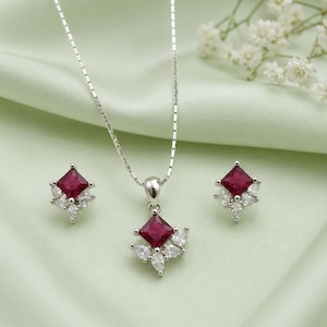 Sterling Silver Ruby Red CZ Pendant Necklace Earrings Set, Princess Cut Cubic Zirconia
