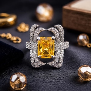 Sterling Silver Princess Cut CZ Statement Ring, Anniversary Cocktail Jewelry, Luxury Gift for Women