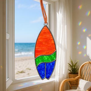Surfboard Stained Glass Suncatcher, Ocean Sun Catcher, Beach Window Decor, Handmade Surf Board Gift, Coastal Summer Home Decor