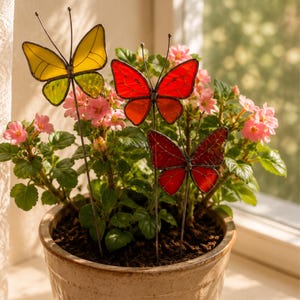 Può includere: Tre decorazioni da giardino a forma di farfalla colorate in un vaso. Le farfalle sono gialle, rosse e bordeaux. La pianta ha foglie verdi e fiori rosa, in un vaso di ceramica beige.
