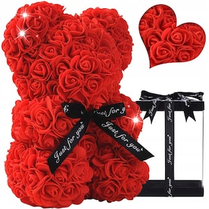Romantic Rose Teddy Bear Gift - Artificial Flower Bear in Clear Box - Anniversary Birthday Valentine&#39;s Day Gift for Her or Him