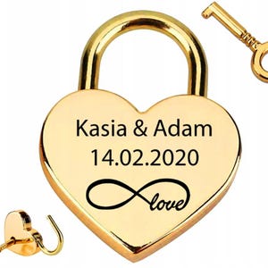 Candado de amor personalizado con forma de corazón: impresión UV personalizada con los nombres de la pareja y la fecha: regalo romántico de San Valentín para él y para ella