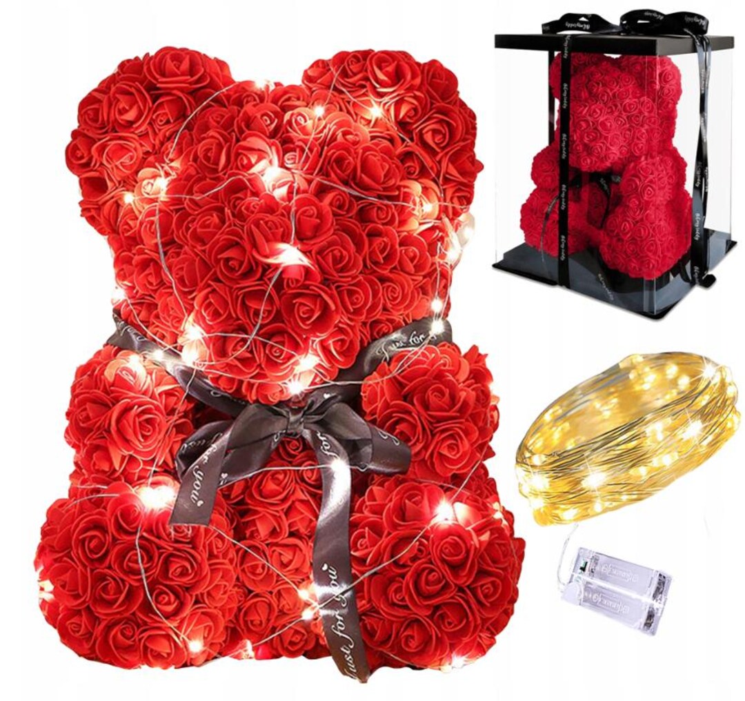 Romantic Rose Teddy Bear With LED Lights - Artificial Flower Bear in ...