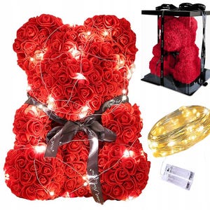 Romantic Rose Teddy Bear with LED Lights - Artificial Flower Bear in Clear Box - Anniversary Birthday Valentine&#39;s Day Gift for Her or Him