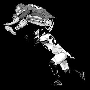 May include: Black and white illustration of two football players in action. One player is leaping, while the other is reaching. The players are wearing helmets and uniforms with the number 23 and 22.