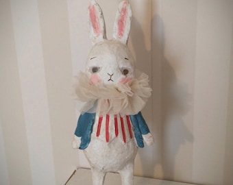 Party Animals OOAK Rabbit - Primitive Folk Art Doll - Hand-Sculpted Paper Clay - Whimsical Modern Primitive Bunny - 8 inch Collectible