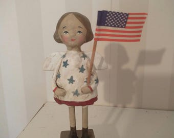 Handmade Paper Mache patriotic angel Art Doll - Americana Decor