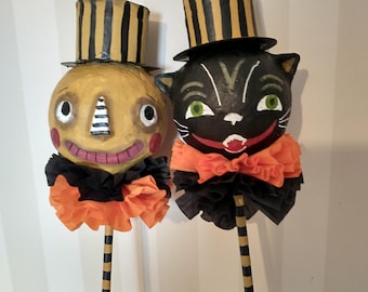 Halloween Black Cat head - stick head- Primitive - Folk Art  - OOAK -