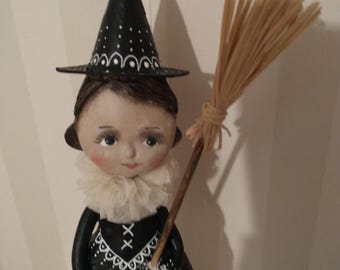 Hand-sculpted Witch Art Doll, Primitive Halloween Folk Decor, OOAK Shelf Sitter