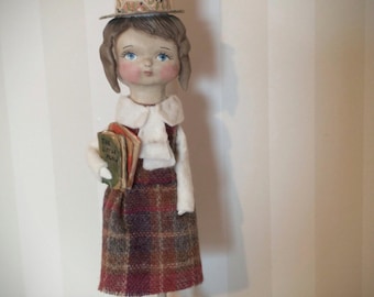 OOAK Primitive Reader Girl Doll - Handmade fabric and clay Folk Art - Artist Doll with Little Prince Books