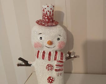 Handmade Snowman - paper mache  folk art - one of a kind -art doll- signed by the artist