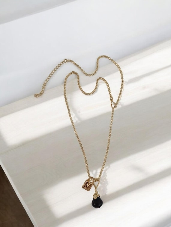 Black Onyx Necklace, Personalized Gift, Initial Pendant, Gold
