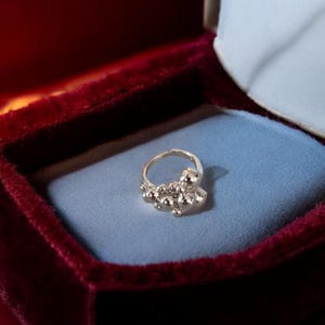 Puede incluir: Un anillo de plata con un racimo de pequeñas cuentas redondas. El anillo se muestra en una caja de terciopelo azul.