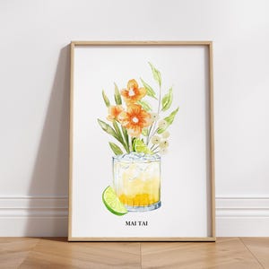 Trendy Cocktail Mai Tai Watercolor Print, Tropical Vibes Mai Tai, Poster Cocktail Bar Cart Accessories