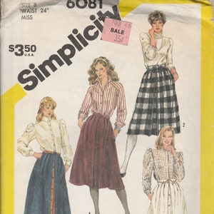 May include: A sewing pattern for a skirt with three different styles. The pattern is from Simplicity and the number is 6081. The pattern is for a size 8 with a 24 inch waist. The pattern is on sale for $3.50.