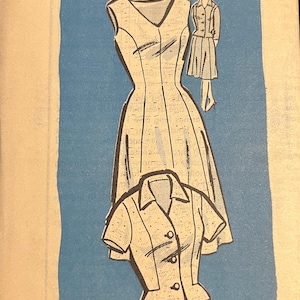 May include: Vintage sewing pattern featuring illustrations of a dress and a collared shirt with buttons. The pattern is printed on a blue background with the text "Printed Pattern" and the size "20 1/2".