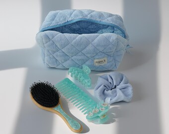 Self-Care Hair Bundle: Handmade Makeup Bag, Brush, Clips & Scrunchie Set